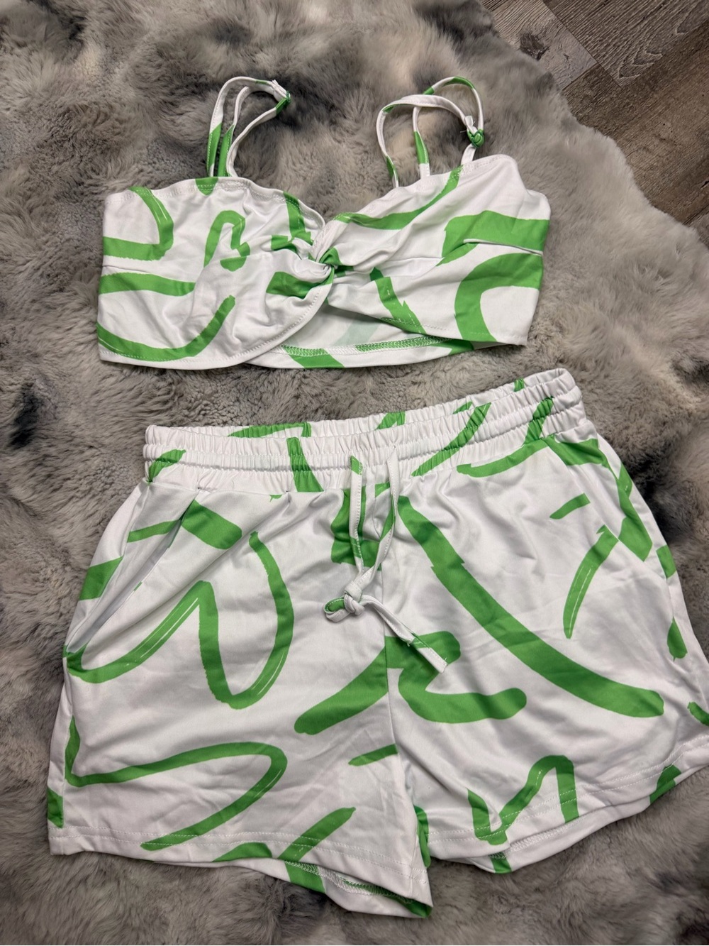 SHEIN White & Green Abstract Knot-Front Two-Piece Sleep Set